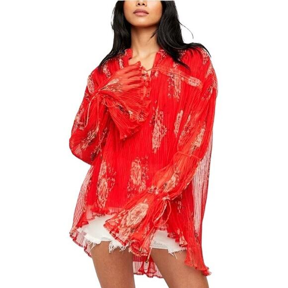 Free People Tops - Free People Womens Dahlia Tunic Sz XS Red Floral Pop Combo Bell Sleeve NWT